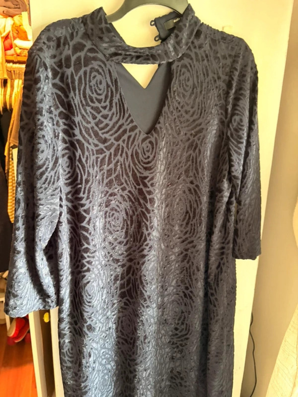 Navy Blue Velvet long sleeve mini dress with floral pattern